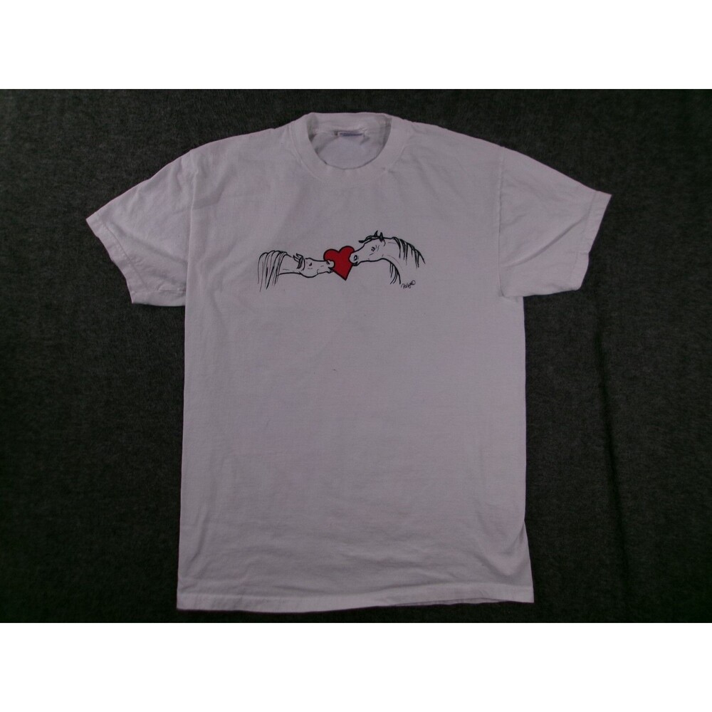 Vintage Shirt Men Medium White Horse Kissing Love Y2K Causal Everyday